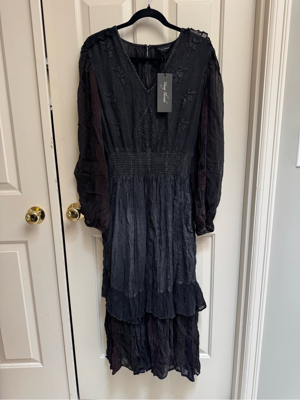 Young Threads Black Maxi Dress Smocked Waist Embroidery